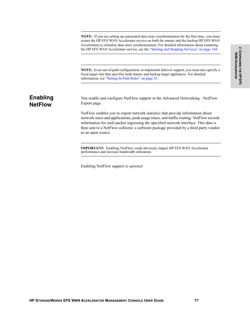 Enabling netflow | HP StorageWorks Enterprise File Services WAN Accelerator User Manual | Page 77 / 232