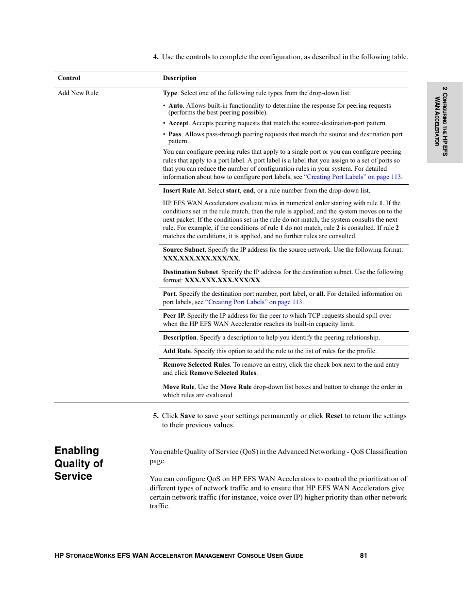 Enabling quality of service | HP StorageWorks Enterprise File Services WAN Accelerator User Manual | Page 81 / 232