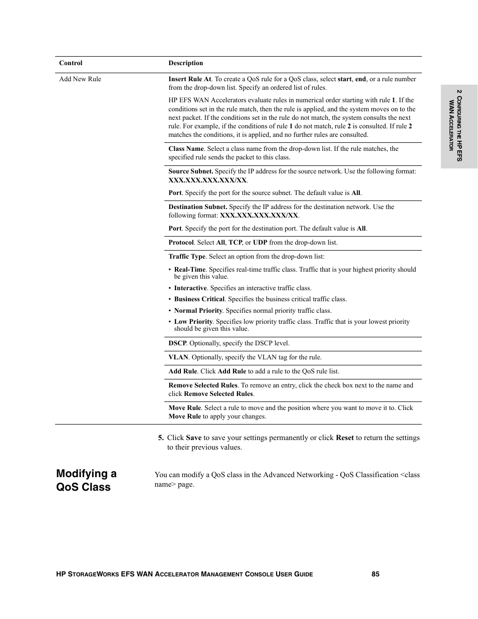 Modifying a qos class | HP StorageWorks Enterprise File Services WAN Accelerator User Manual | Page 85 / 232