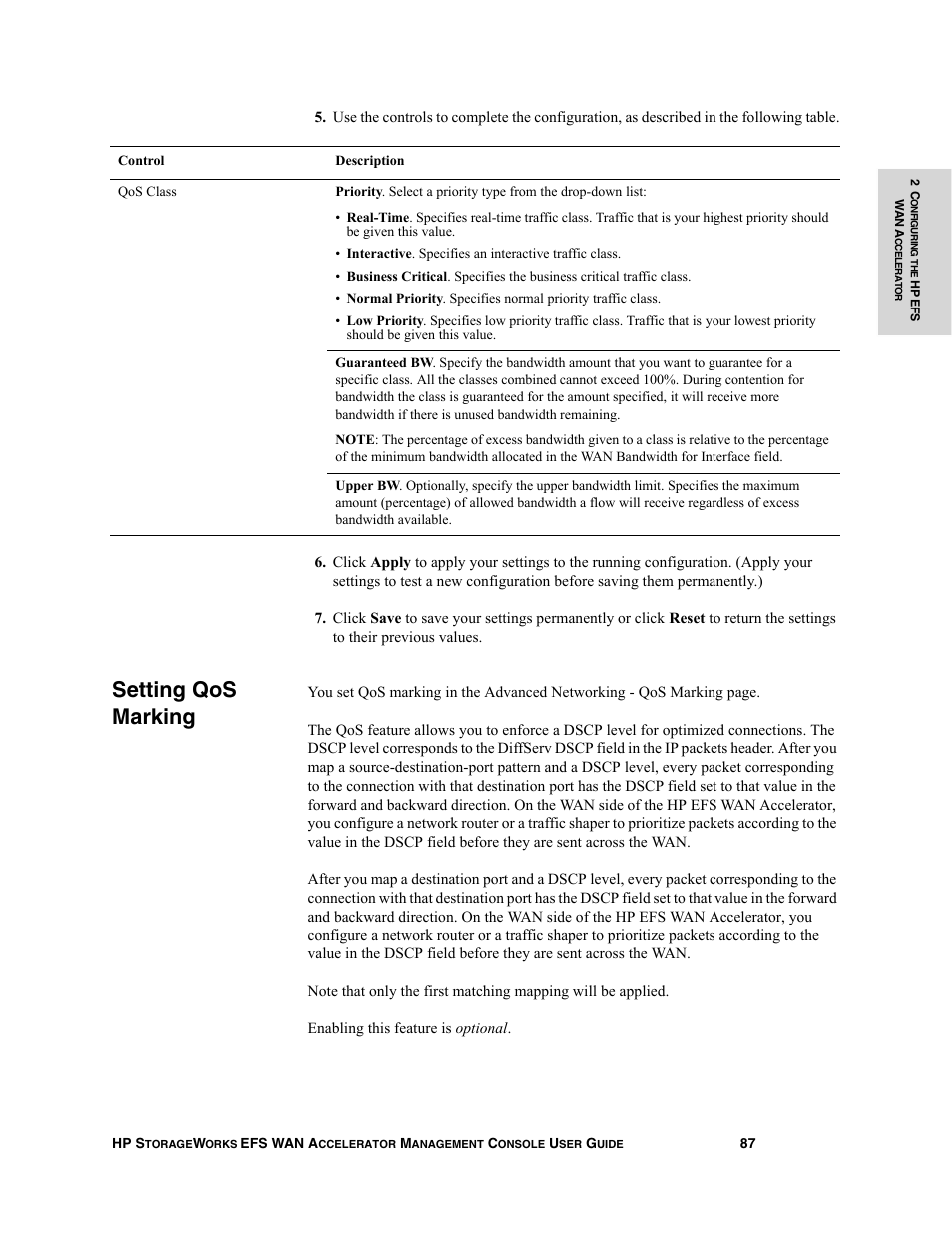 Setting qos marking | HP StorageWorks Enterprise File Services WAN Accelerator User Manual | Page 87 / 232