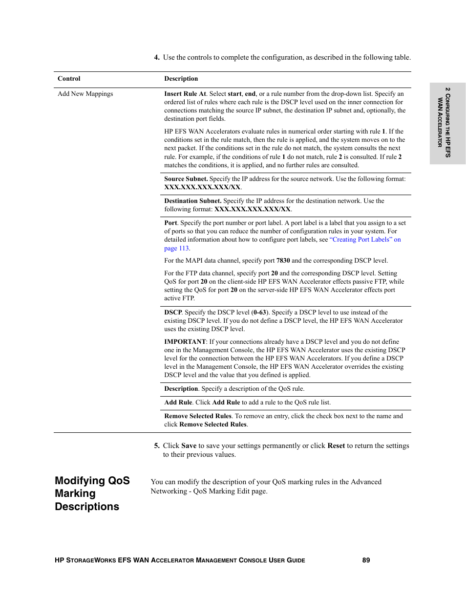 Modifying qos marking descriptions | HP StorageWorks Enterprise File Services WAN Accelerator User Manual | Page 89 / 232