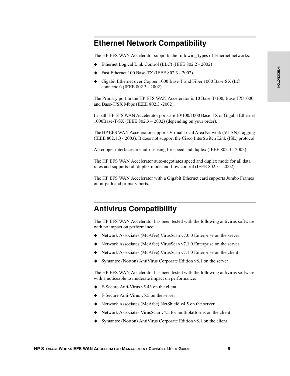 Ethernet network compatibility, Antivirus compatibility | HP StorageWorks Enterprise File Services WAN Accelerator User Manual | Page 9 / 232