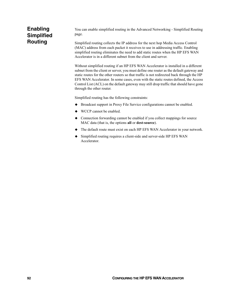 Enabling simplified routing | HP StorageWorks Enterprise File Services WAN Accelerator User Manual | Page 92 / 232