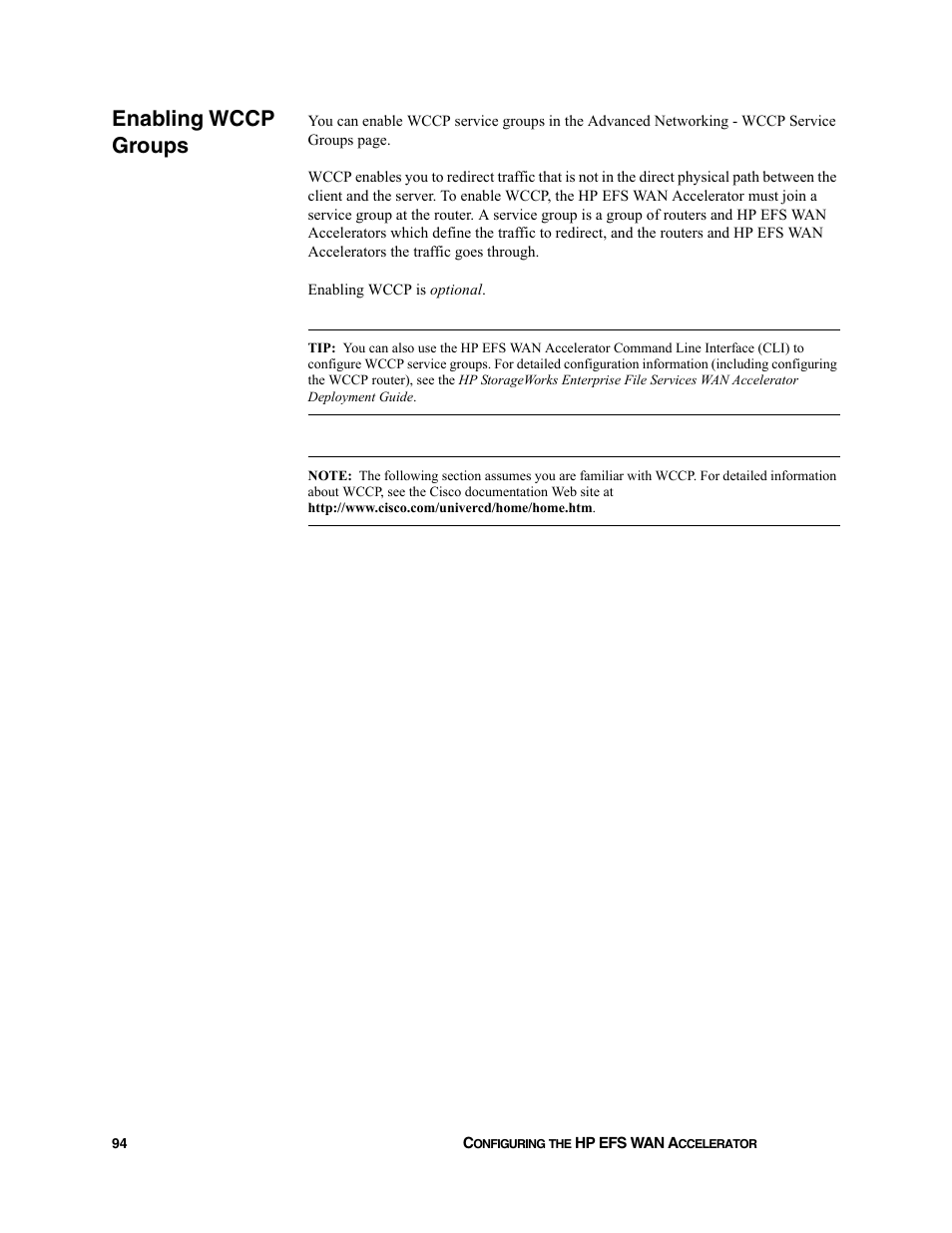 Enabling wccp groups | HP StorageWorks Enterprise File Services WAN Accelerator User Manual | Page 94 / 232