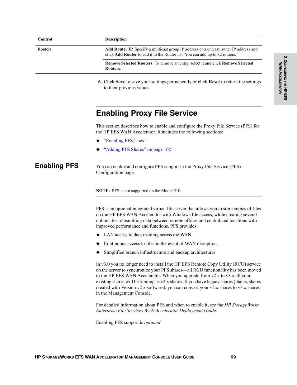 Enabling proxy file service, Enabling pfs | HP StorageWorks Enterprise File Services WAN Accelerator User Manual | Page 99 / 232