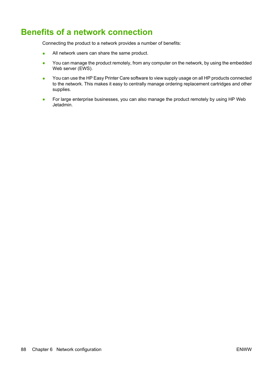 Benefits of a network connection | HP Color LaserJet CM6030CM6040 Multifunction Printer series User Manual | Page 104 / 338