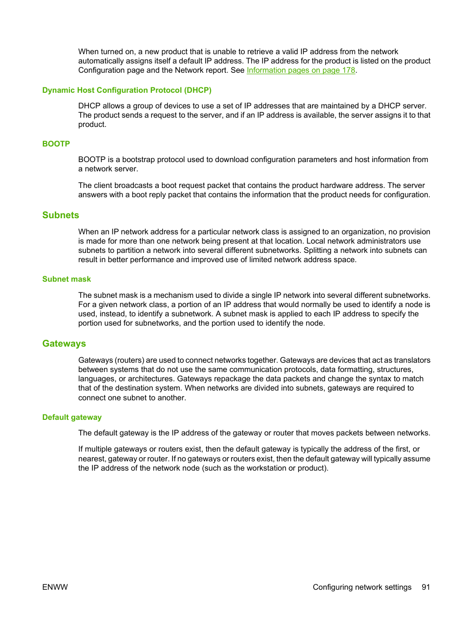 Dynamic host configuration protocol (dhcp), Bootp, Subnets | Subnet mask, Gateways, Default gateway, Dynamic host configuration protocol (dhcp) bootp | HP Color LaserJet CM6030CM6040 Multifunction Printer series User Manual | Page 107 / 338