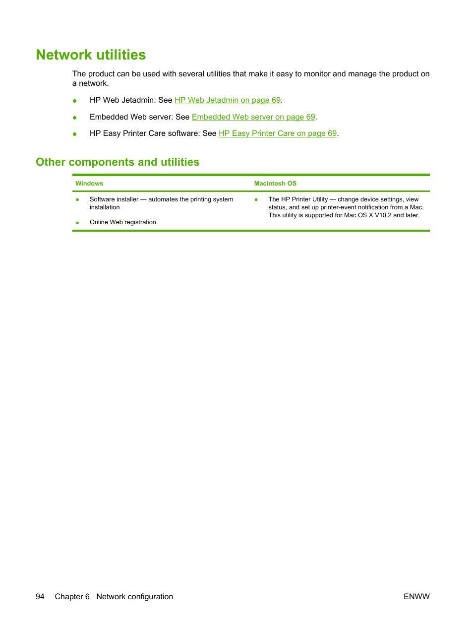 Network utilities, Other components and utilities | HP Color LaserJet CM6030CM6040 Multifunction Printer series User Manual | Page 110 / 338