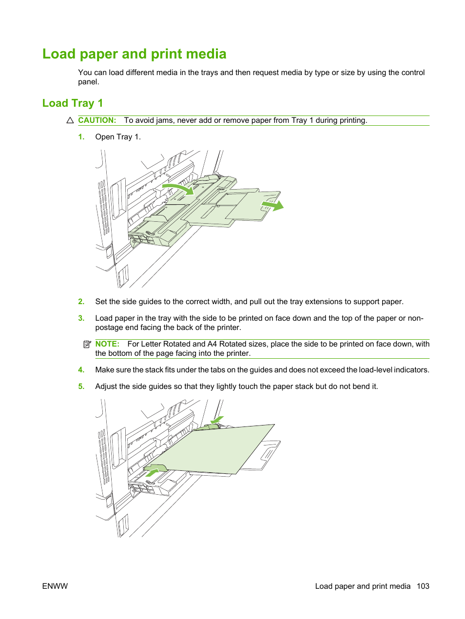 Load paper and print media, Load tray 1 | HP Color LaserJet CM6030CM6040 Multifunction Printer series User Manual | Page 119 / 338