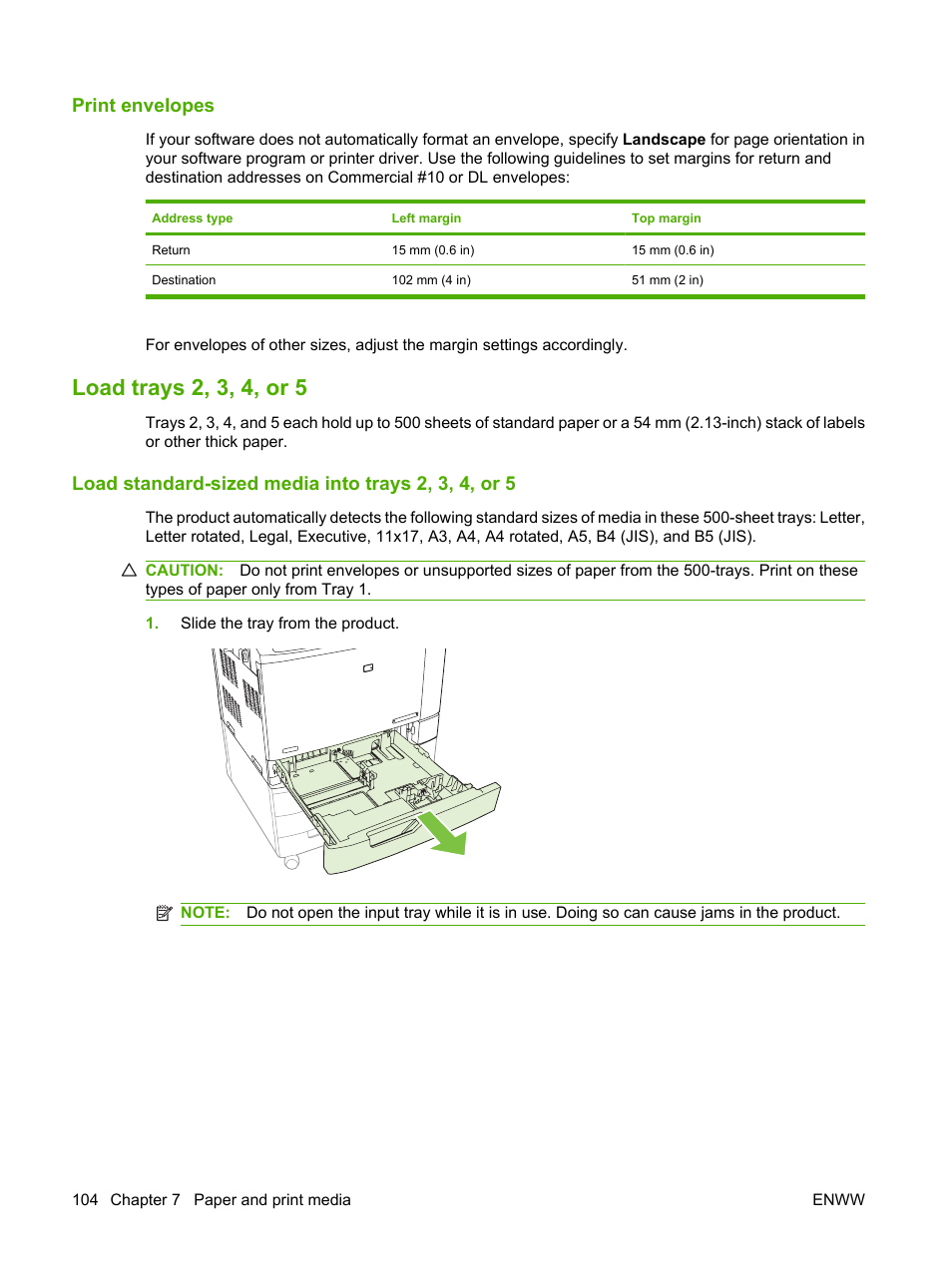 Print envelopes, Load trays 2, 3, 4, or 5, Load standard-sized media into trays 2, 3, 4, or 5 | HP Color LaserJet CM6030CM6040 Multifunction Printer series User Manual | Page 120 / 338