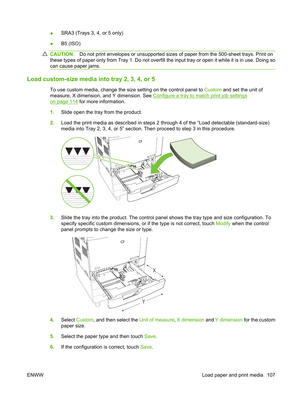 Load custom-size media into tray 2, 3, 4, or 5 | HP Color LaserJet CM6030CM6040 Multifunction Printer series User Manual | Page 123 / 338