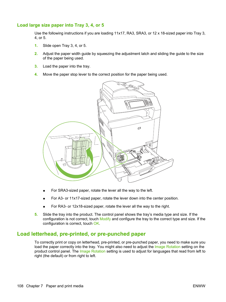 Load large size paper into tray 3, 4, or 5, Load letterhead, pre-printed, or pre-punched paper | HP Color LaserJet CM6030CM6040 Multifunction Printer series User Manual | Page 124 / 338