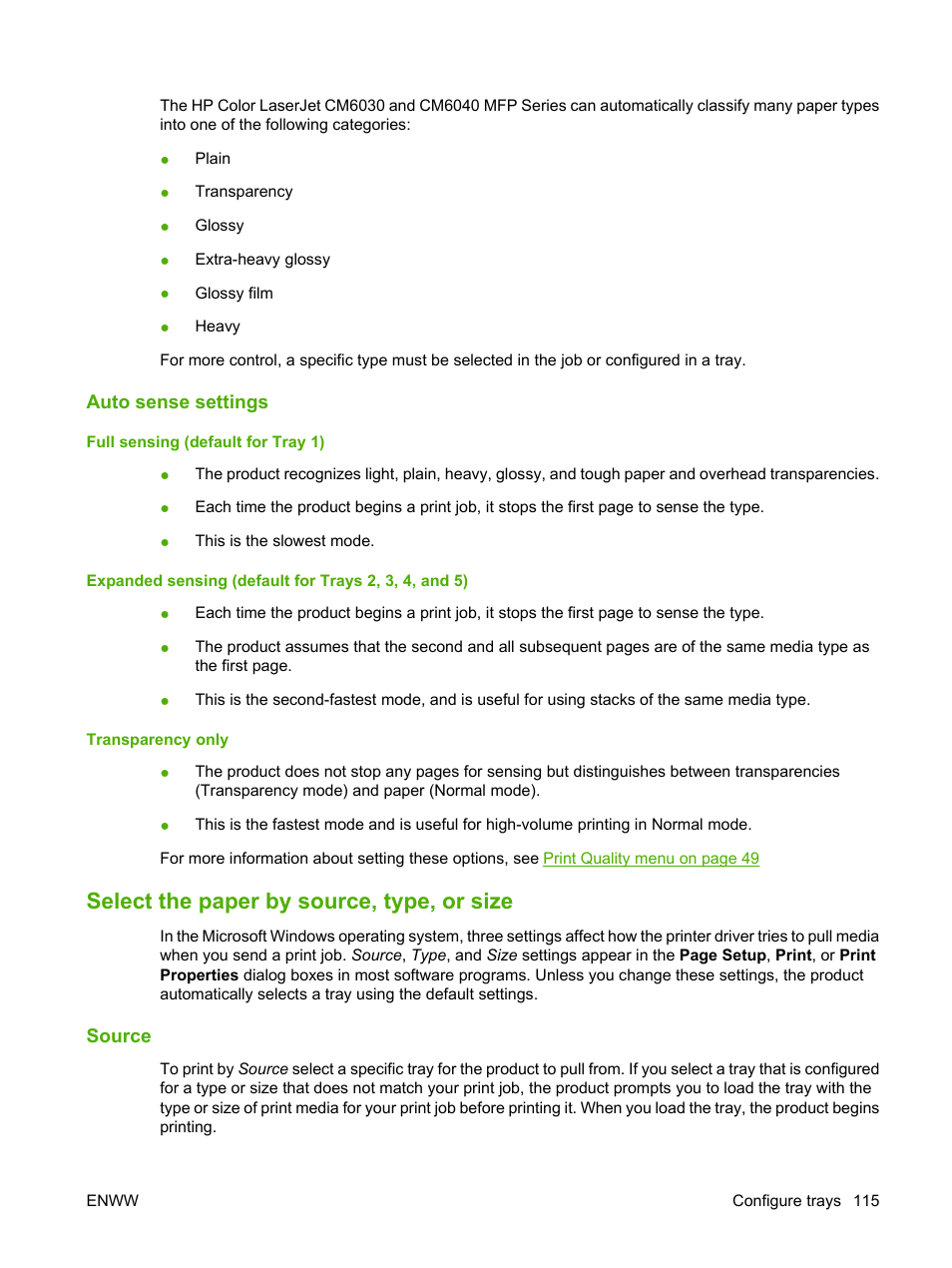 Auto sense settings, Select the paper by source, type, or size, Source | HP Color LaserJet CM6030CM6040 Multifunction Printer series User Manual | Page 131 / 338