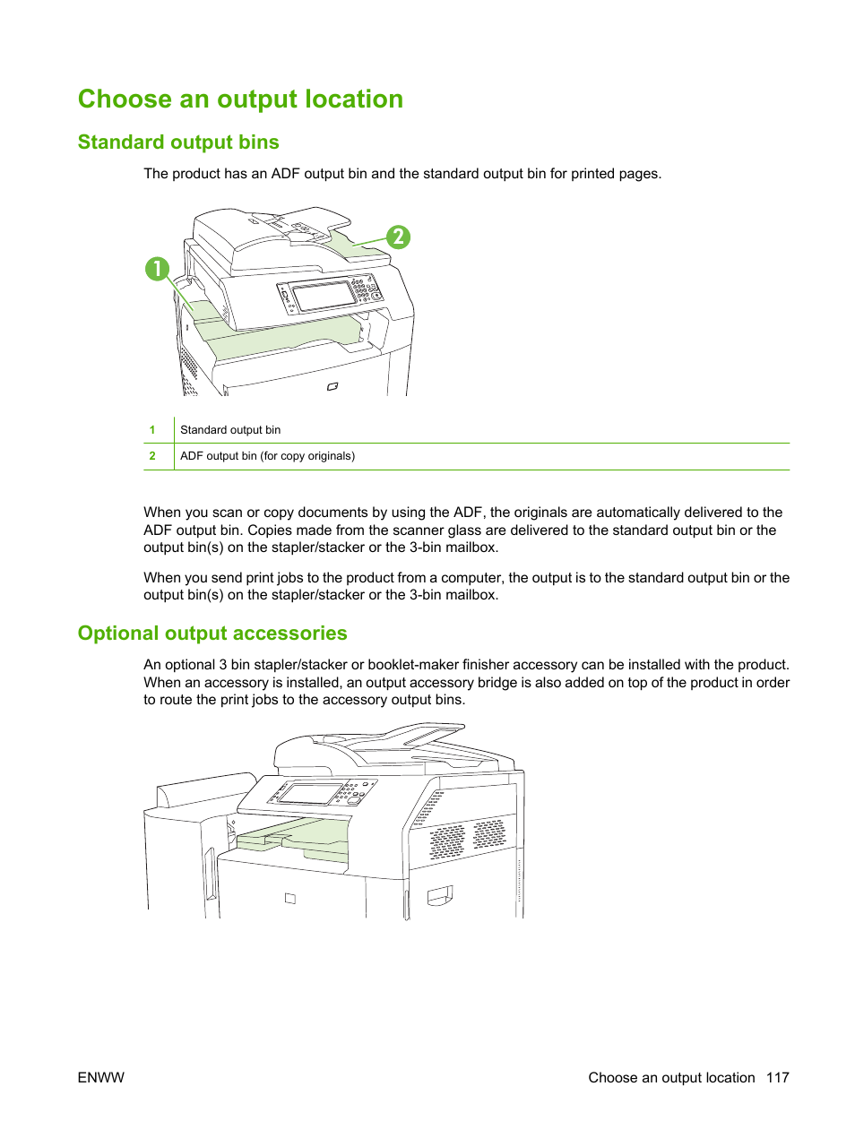 Choose an output location, Standard output bins, Optional output accessories | Standard output bins optional output accessories | HP Color LaserJet CM6030CM6040 Multifunction Printer series User Manual | Page 133 / 338