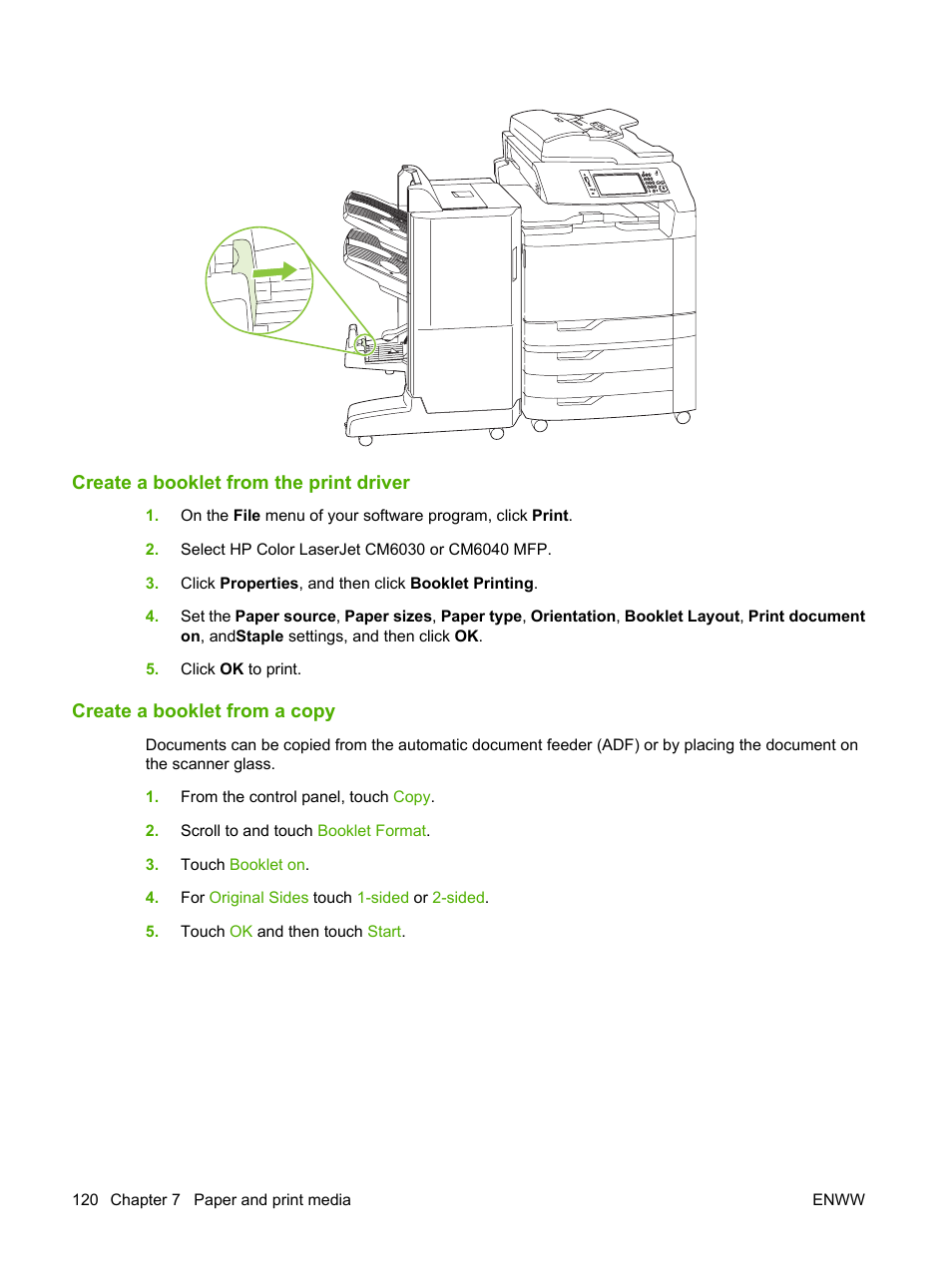 Create a booklet from the print driver, Create a booklet from a copy | HP Color LaserJet CM6030CM6040 Multifunction Printer series User Manual | Page 136 / 338