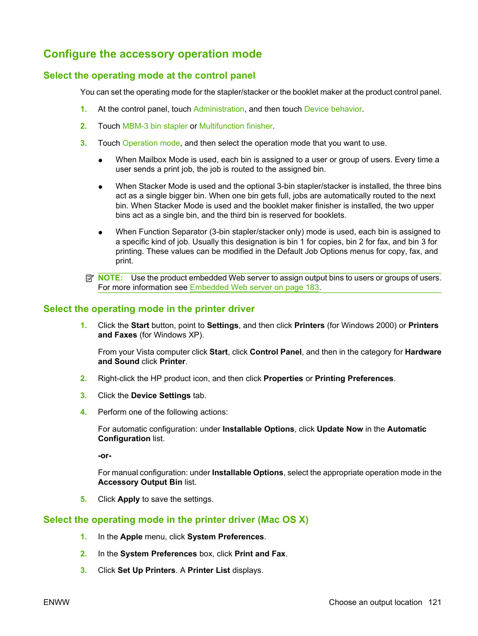 Configure the accessory operation mode, Select the operating mode at the control panel, Select the operating mode in the printer driver | HP Color LaserJet CM6030CM6040 Multifunction Printer series User Manual | Page 137 / 338