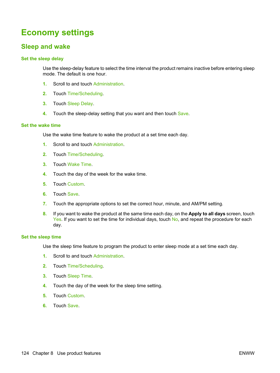 Economy settings, Sleep and wake | HP Color LaserJet CM6030CM6040 Multifunction Printer series User Manual | Page 140 / 338
