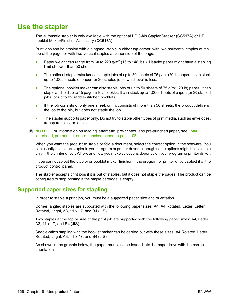 Use the stapler, Supported paper sizes for stapling | HP Color LaserJet CM6030CM6040 Multifunction Printer series User Manual | Page 142 / 338