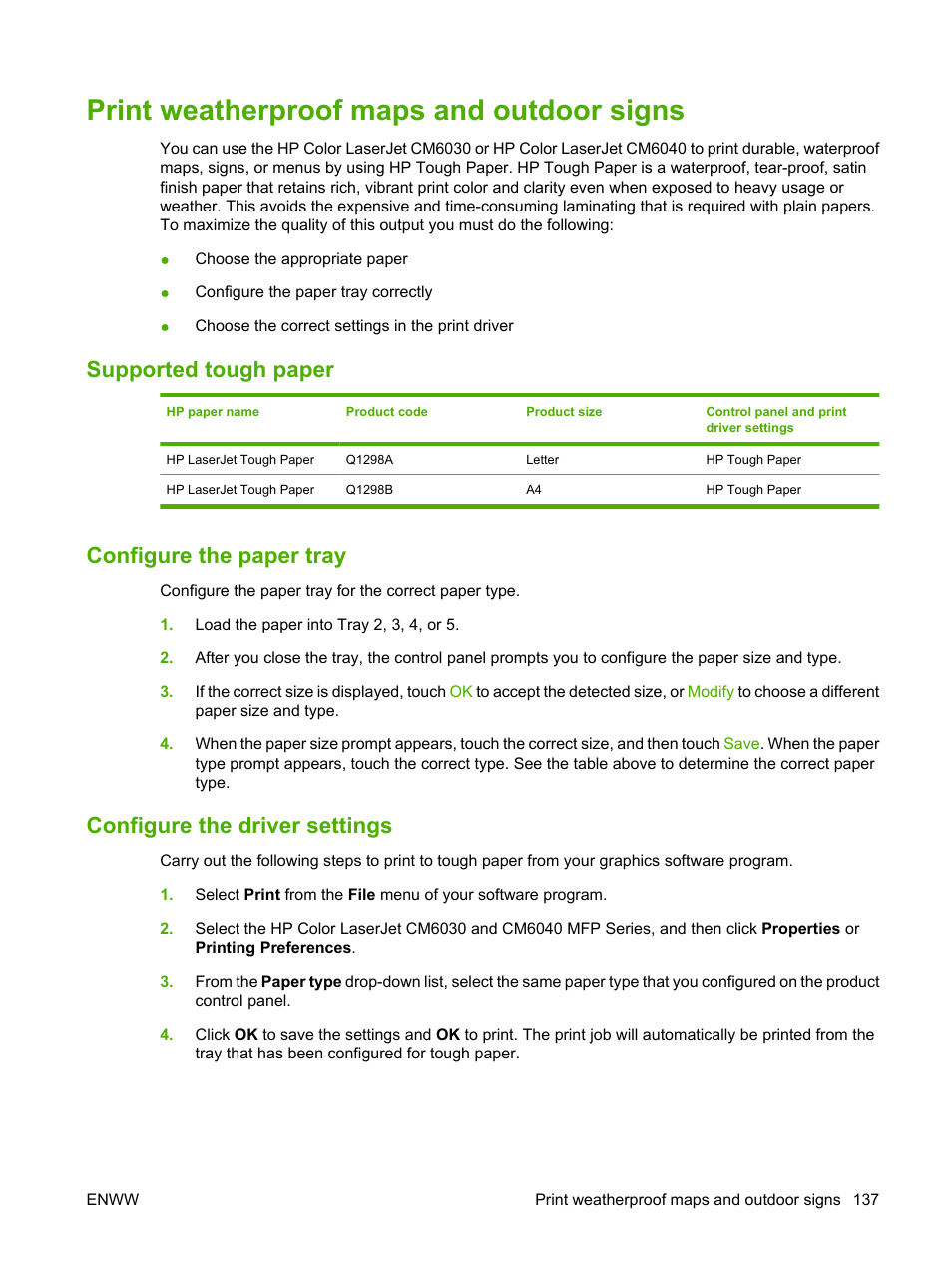 Print weatherproof maps and outdoor signs, Supported tough paper, Configure the paper tray | Configure the driver settings | HP Color LaserJet CM6030CM6040 Multifunction Printer series User Manual | Page 153 / 338