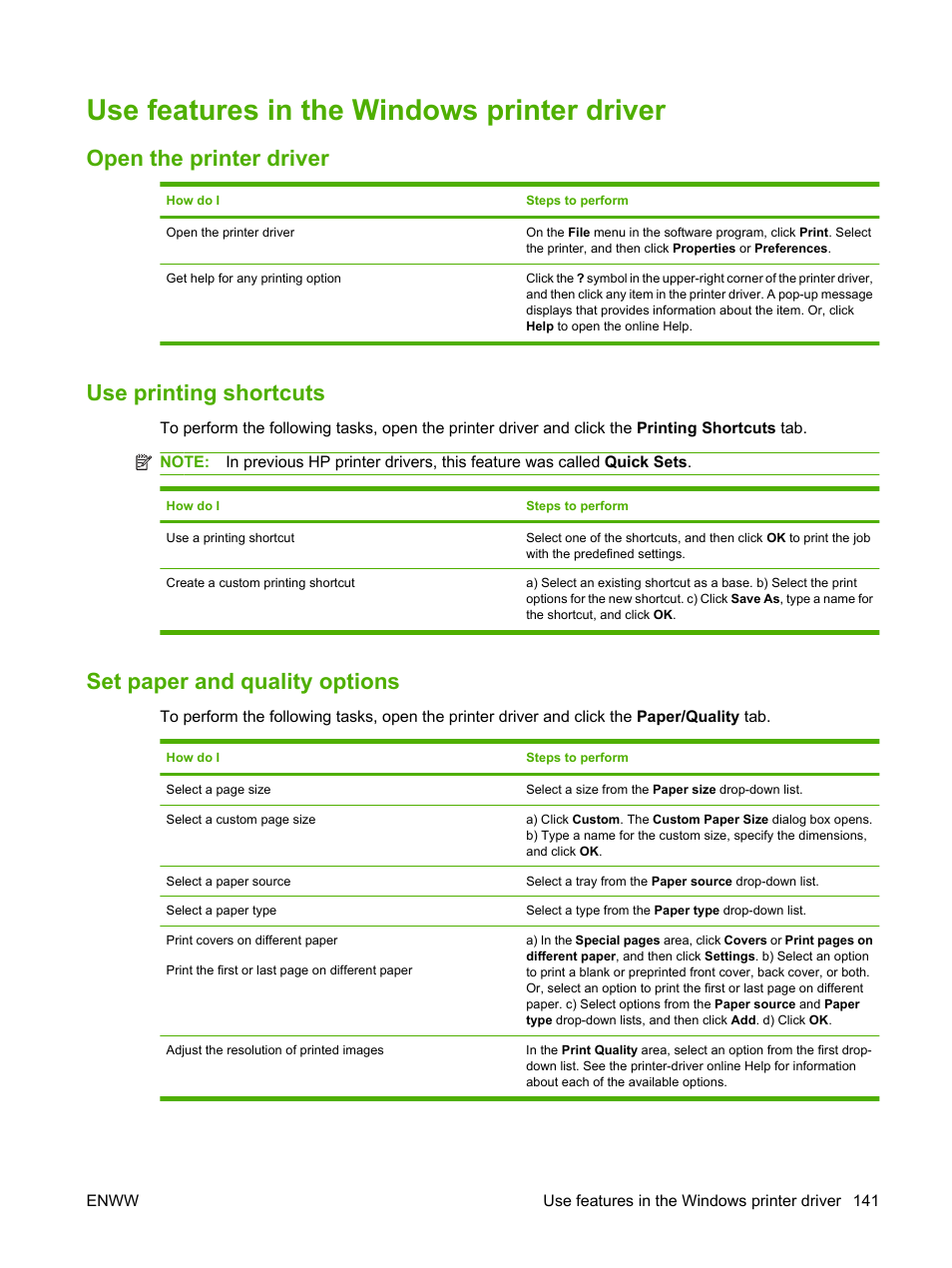 Use features in the windows printer driver, Open the printer driver, Use printing shortcuts | Set paper and quality options | HP Color LaserJet CM6030CM6040 Multifunction Printer series User Manual | Page 157 / 338