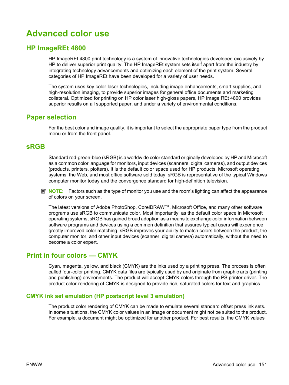 Advanced color use, Hp imageret 4800, Paper selection | Srgb, Print in four colors — cmyk | HP Color LaserJet CM6030CM6040 Multifunction Printer series User Manual | Page 167 / 338