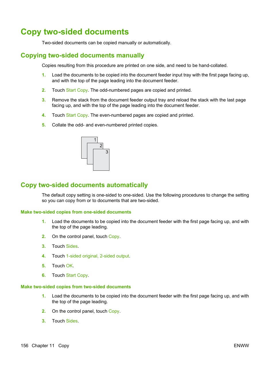 Copy two-sided documents, Copying two-sided documents manually, Copy two-sided documents automatically | HP Color LaserJet CM6030CM6040 Multifunction Printer series User Manual | Page 172 / 338