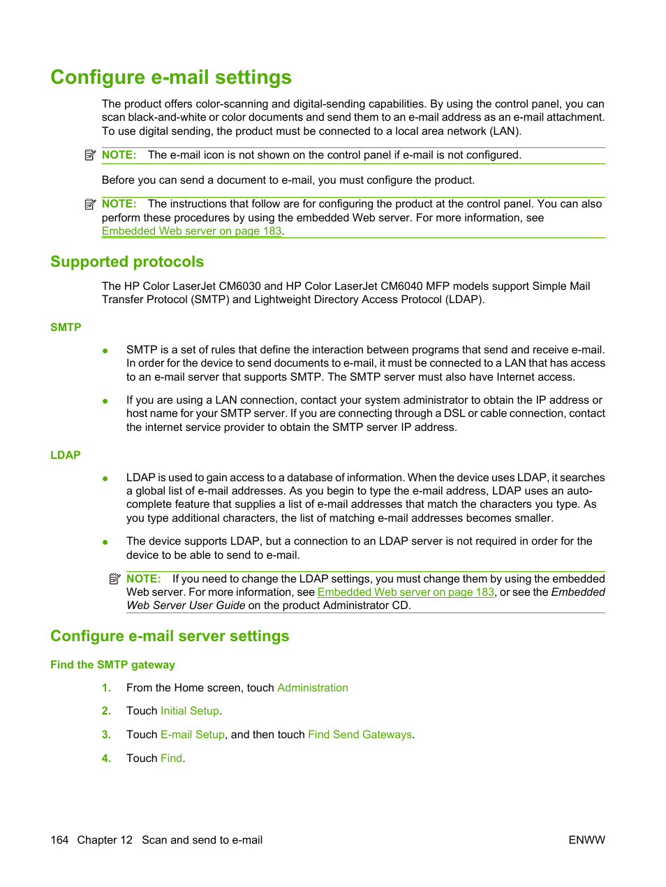 Configure e-mail settings, Supported protocols, Configure e-mail server settings | HP Color LaserJet CM6030CM6040 Multifunction Printer series User Manual | Page 180 / 338