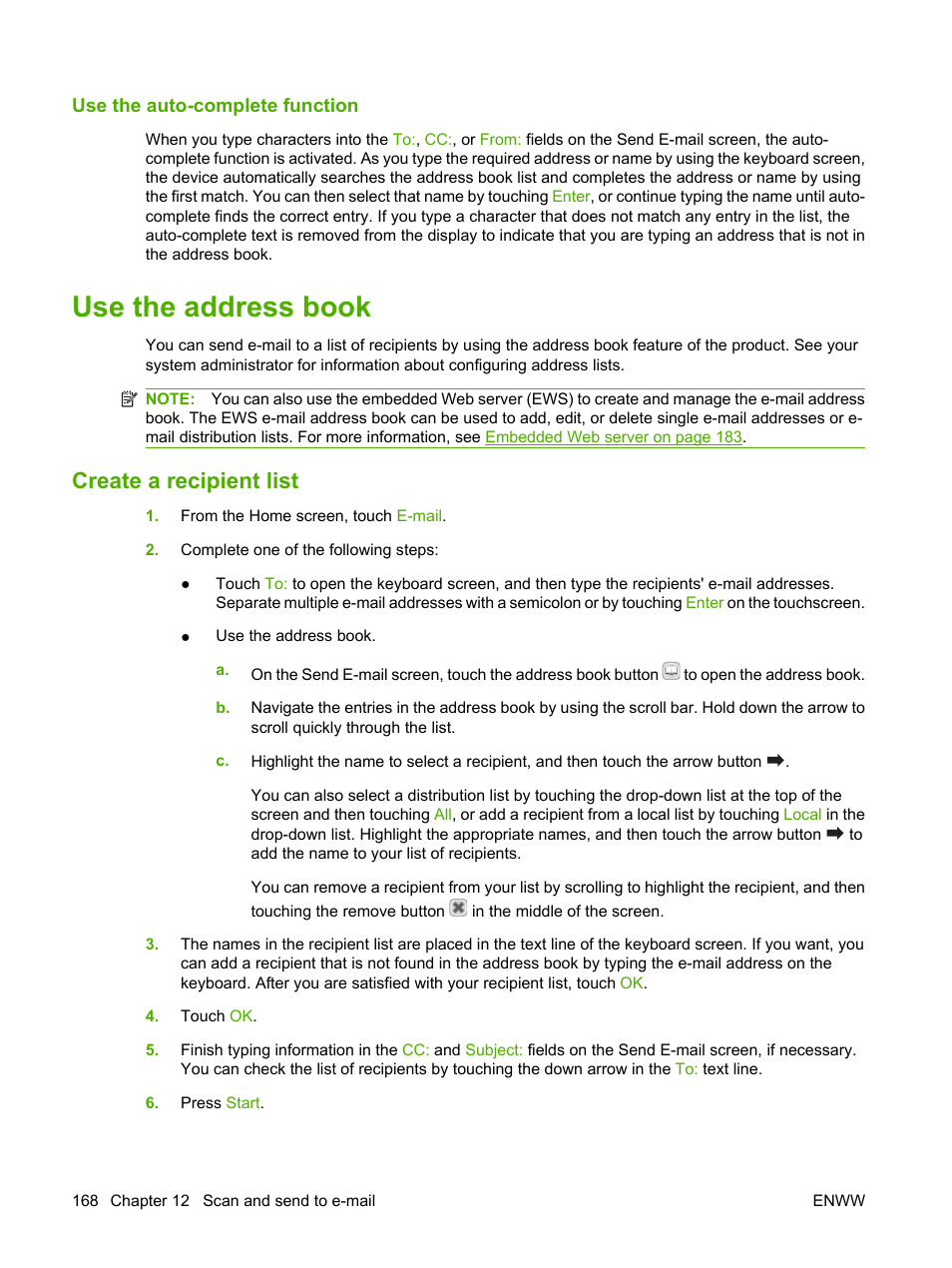 Use the auto-complete function, Use the address book, Create a recipient list | HP Color LaserJet CM6030CM6040 Multifunction Printer series User Manual | Page 184 / 338