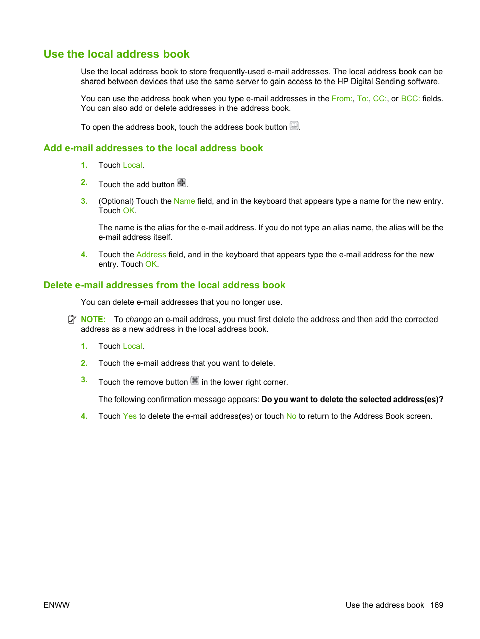 Use the local address book, Add e-mail addresses to the local address book, Information, see | HP Color LaserJet CM6030CM6040 Multifunction Printer series User Manual | Page 185 / 338