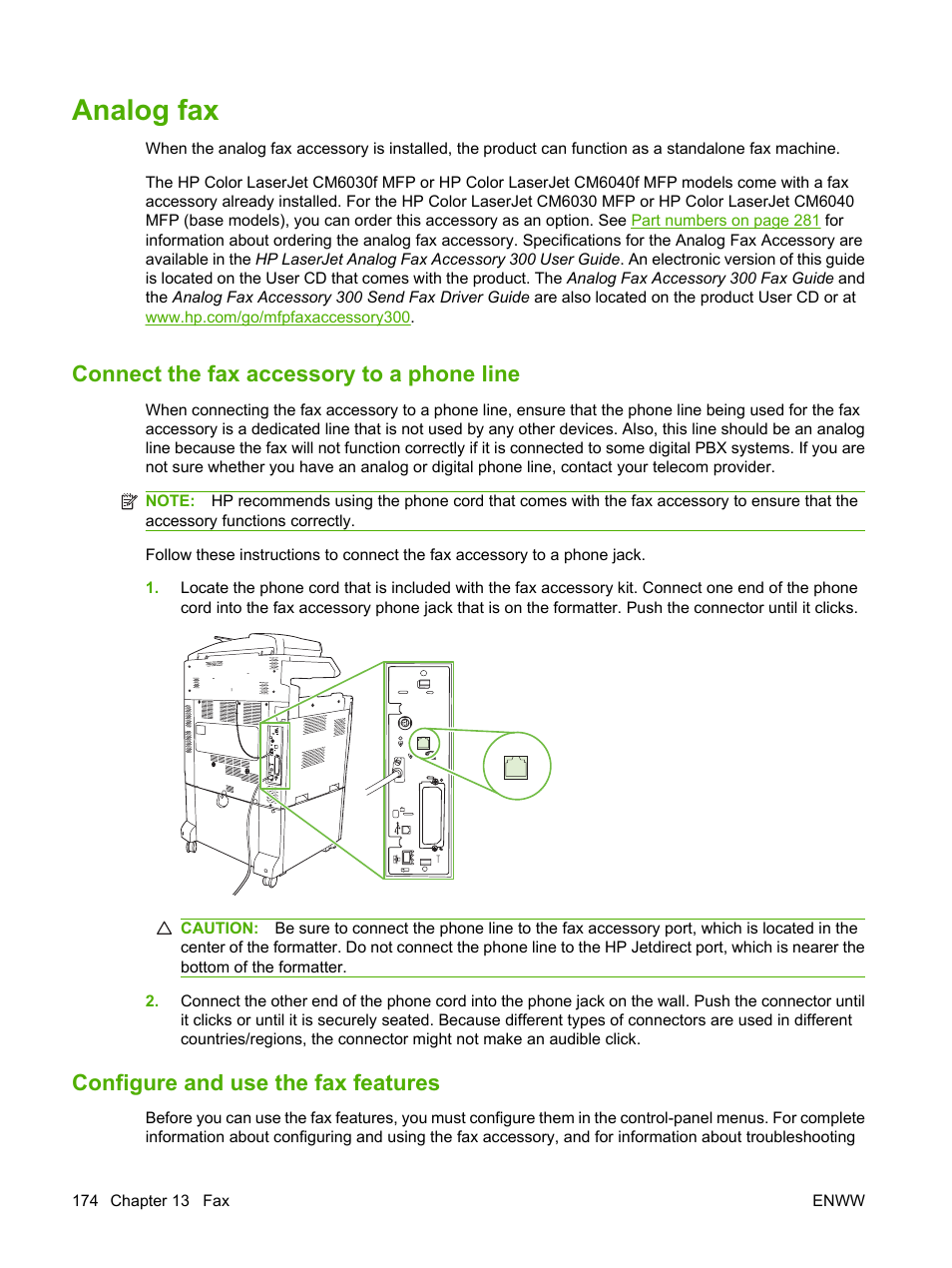 Analog fax, Connect the fax accessory to a phone line, Configure and use the fax features | HP Color LaserJet CM6030CM6040 Multifunction Printer series User Manual | Page 190 / 338