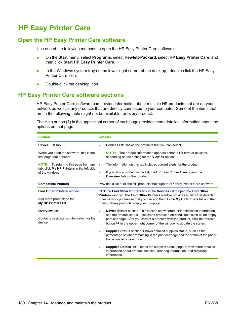 Hp easy printer care, Open the hp easy printer care software, Hp easy printer care software sections | HP Color LaserJet CM6030CM6040 Multifunction Printer series User Manual | Page 196 / 338