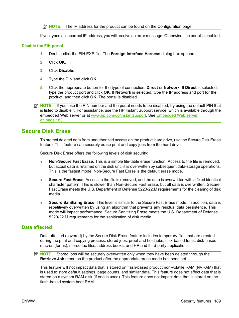Disable the fih portal, Secure disk erase, Data affected | HP Color LaserJet CM6030CM6040 Multifunction Printer series User Manual | Page 205 / 338