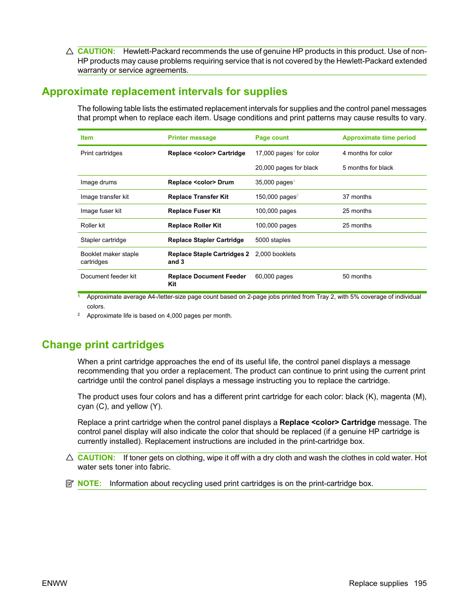 Approximate replacement intervals for supplies, Change print cartridges | HP Color LaserJet CM6030CM6040 Multifunction Printer series User Manual | Page 211 / 338