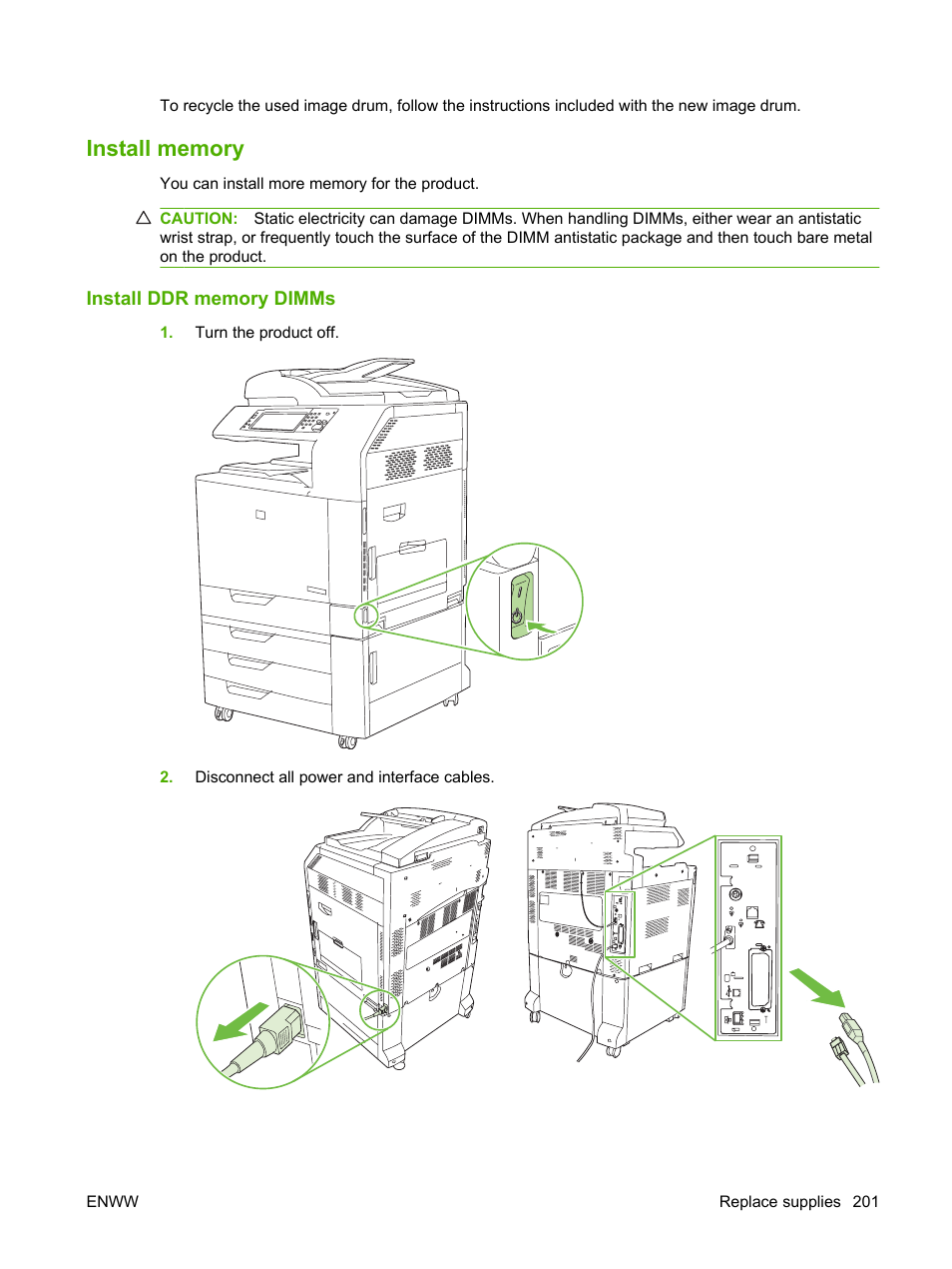 Install memory, Install ddr memory dimms | HP Color LaserJet CM6030CM6040 Multifunction Printer series User Manual | Page 217 / 338