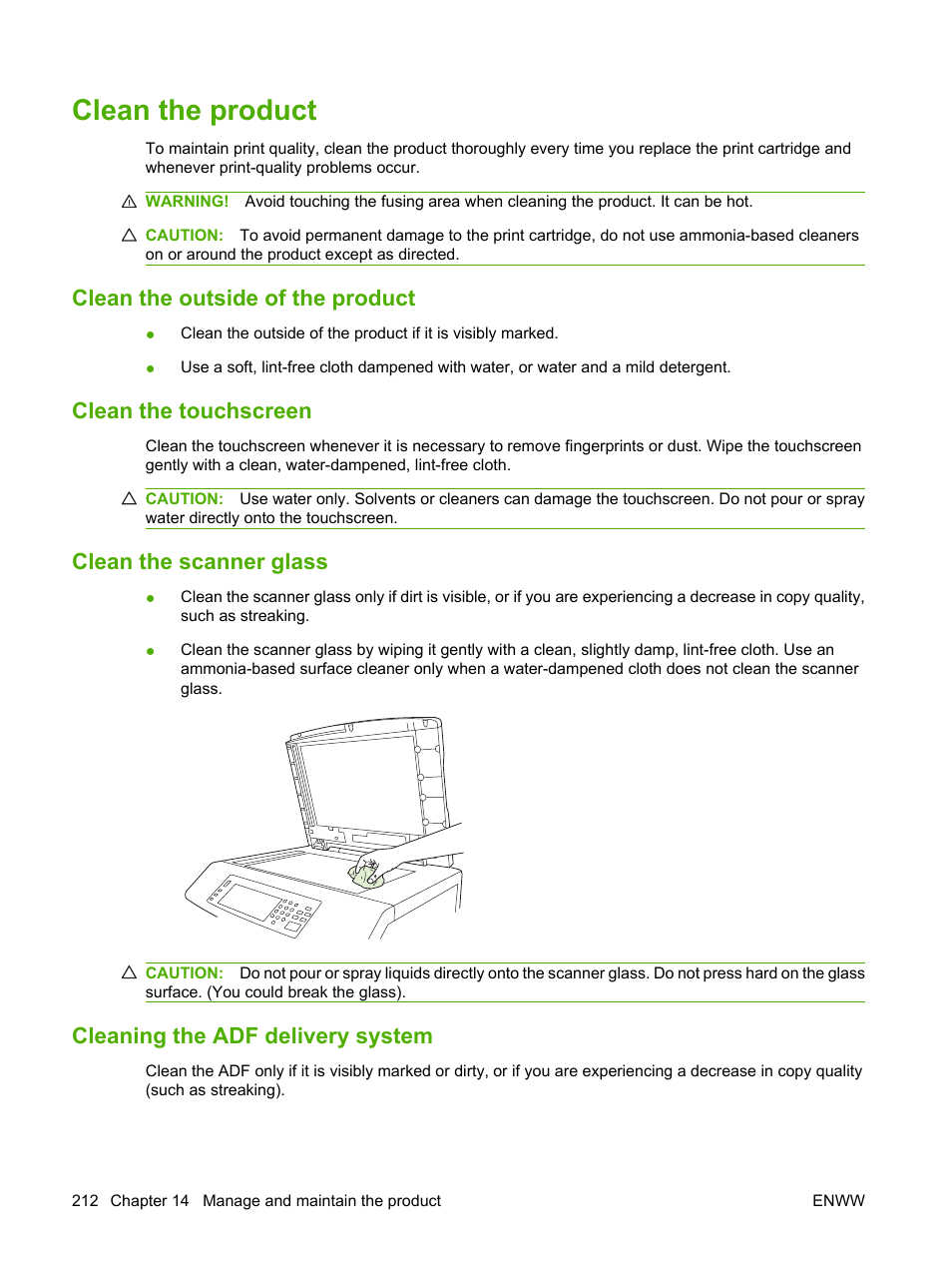 Clean the product, Clean the outside of the product, Clean the touchscreen | Clean the scanner glass, Cleaning the adf delivery system | HP Color LaserJet CM6030CM6040 Multifunction Printer series User Manual | Page 228 / 338