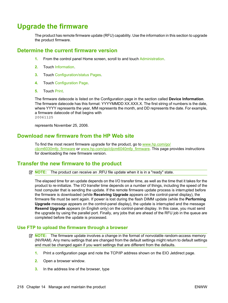 Upgrade the firmware, Determine the current firmware version, Download new firmware from the hp web site | Transfer the new firmware to the product, Use ftp to upload the firmware through a browser | HP Color LaserJet CM6030CM6040 Multifunction Printer series User Manual | Page 234 / 338