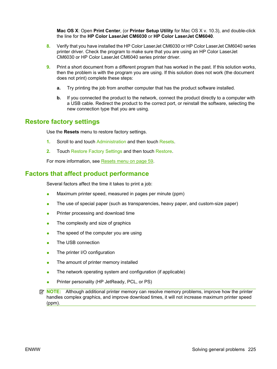 Restore factory settings, Factors that affect product performance | HP Color LaserJet CM6030CM6040 Multifunction Printer series User Manual | Page 241 / 338