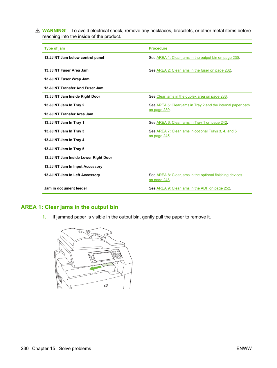 Area 1: clear jams in the output bin | HP Color LaserJet CM6030CM6040 Multifunction Printer series User Manual | Page 246 / 338