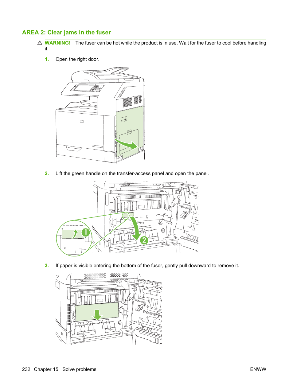 Area 2: clear jams in the fuser | HP Color LaserJet CM6030CM6040 Multifunction Printer series User Manual | Page 248 / 338