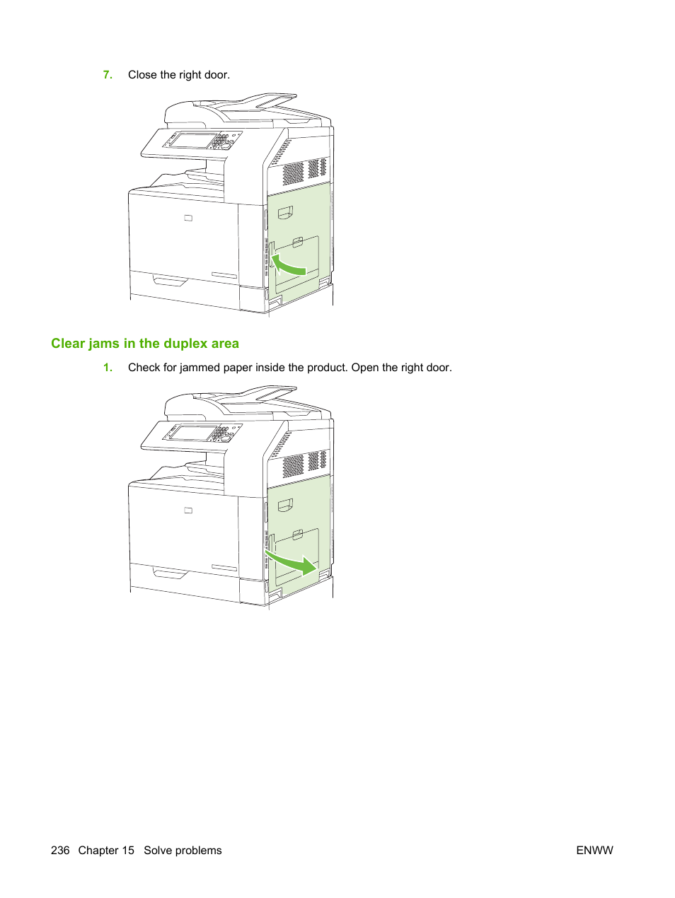 Clear jams in the duplex area | HP Color LaserJet CM6030CM6040 Multifunction Printer series User Manual | Page 252 / 338