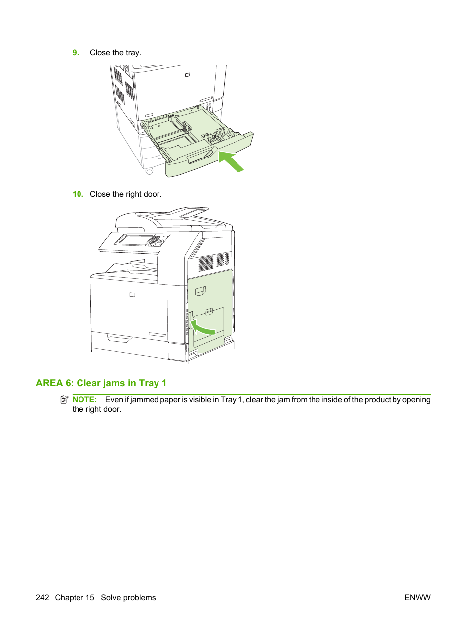 Area 6: clear jams in tray 1 | HP Color LaserJet CM6030CM6040 Multifunction Printer series User Manual | Page 258 / 338