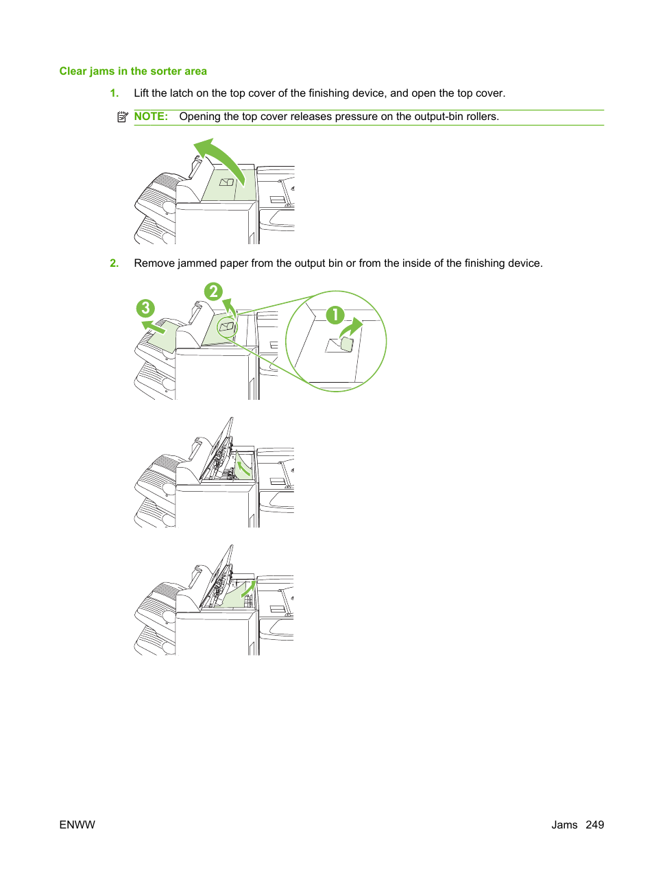 Clear jams in the sorter area | HP Color LaserJet CM6030CM6040 Multifunction Printer series User Manual | Page 265 / 338