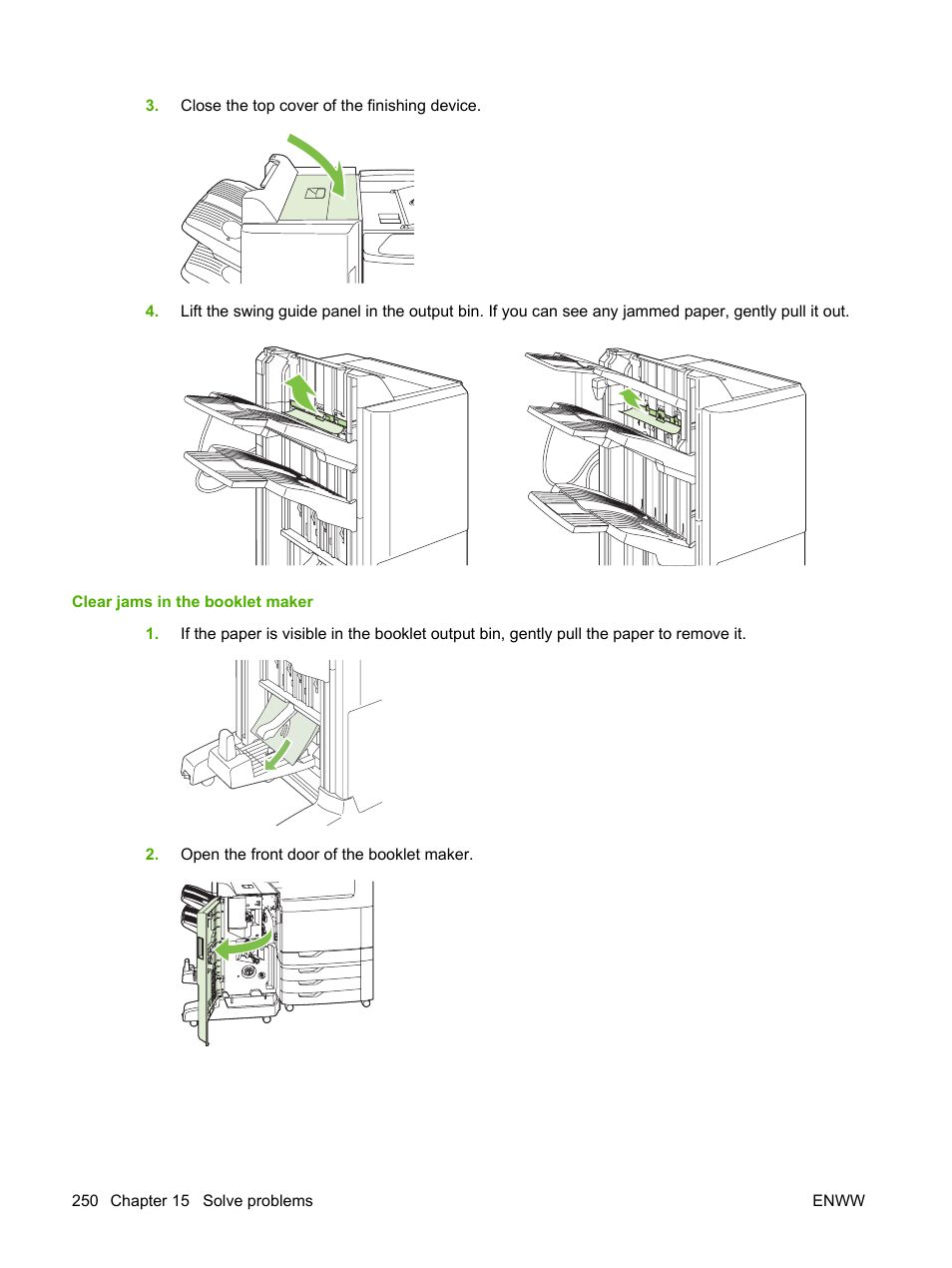 Clear jams in the booklet maker | HP Color LaserJet CM6030CM6040 Multifunction Printer series User Manual | Page 266 / 338