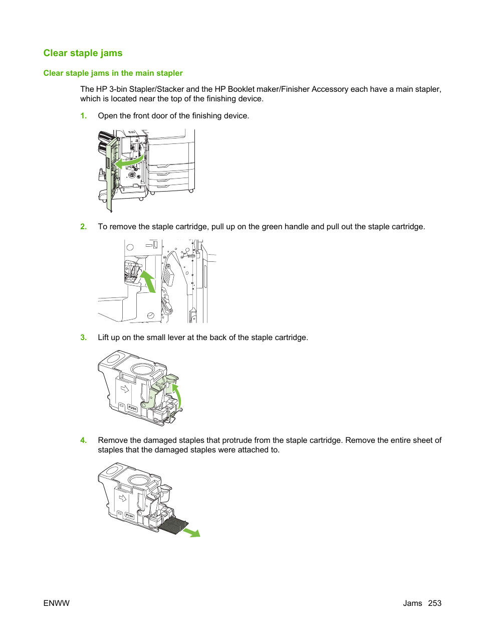 Clear staple jams, Clear staple jams in the main stapler | HP Color LaserJet CM6030CM6040 Multifunction Printer series User Manual | Page 269 / 338