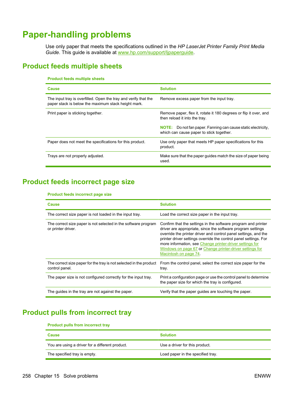 Paper-handling problems, Product feeds multiple sheets, Product pulls from incorrect tray | Product feeds incorrect page size | HP Color LaserJet CM6030CM6040 Multifunction Printer series User Manual | Page 274 / 338