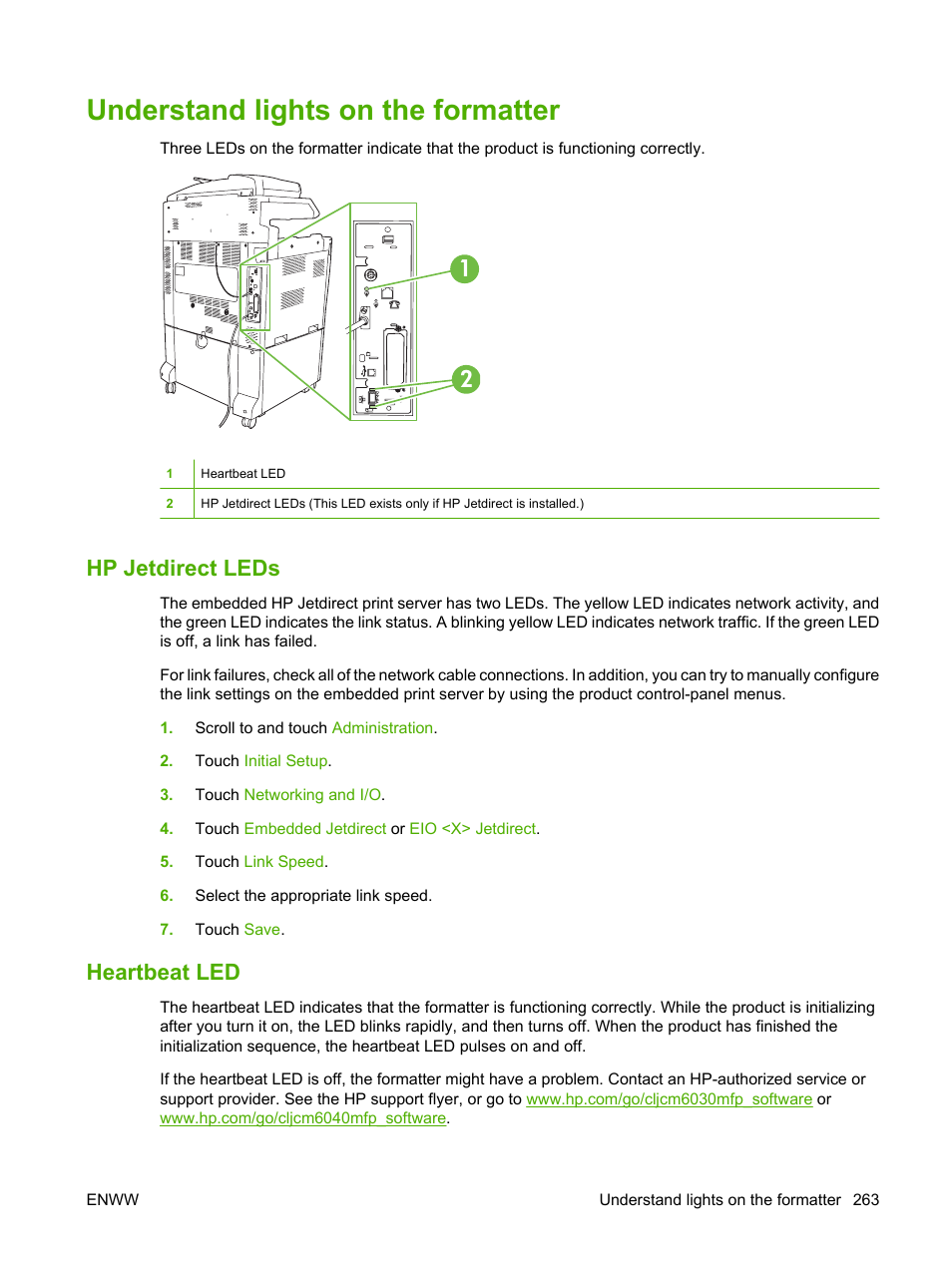 Understand lights on the formatter, Hp jetdirect leds, Heartbeat led | Hp jetdirect leds heartbeat led | HP Color LaserJet CM6030CM6040 Multifunction Printer series User Manual | Page 279 / 338