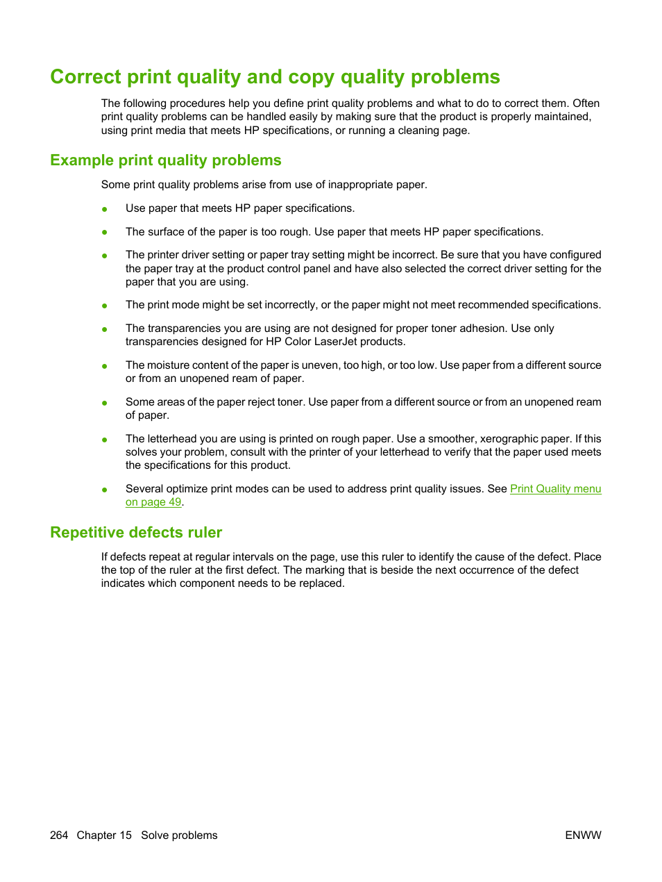Correct print quality and copy quality problems, Example print quality problems, Repetitive defects ruler | HP Color LaserJet CM6030CM6040 Multifunction Printer series User Manual | Page 280 / 338