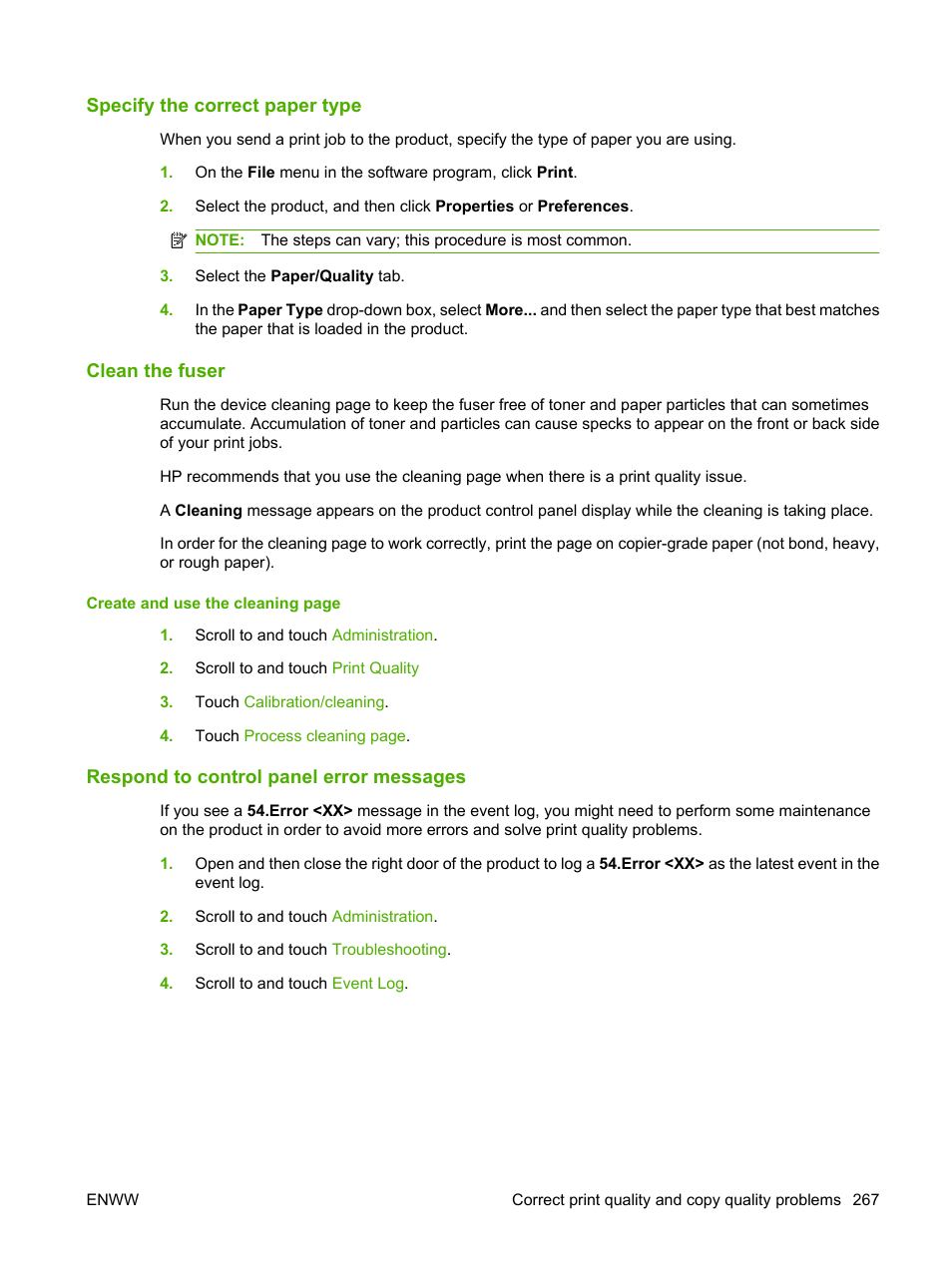 Specify the correct paper type, Clean the fuser, Respond to control panel error messages | HP Color LaserJet CM6030CM6040 Multifunction Printer series User Manual | Page 283 / 338