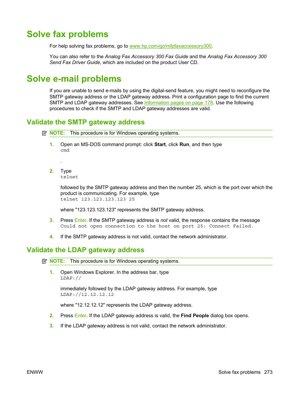 Solve fax problems, Solve e-mail problems, Validate the smtp gateway address | Validate the ldap gateway address, Solve fax problems solve e-mail problems | HP Color LaserJet CM6030CM6040 Multifunction Printer series User Manual | Page 289 / 338