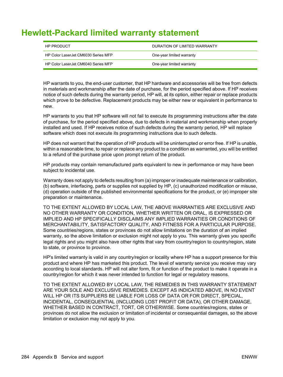 Hewlett-packard limited warranty statement | HP Color LaserJet CM6030CM6040 Multifunction Printer series User Manual | Page 300 / 338